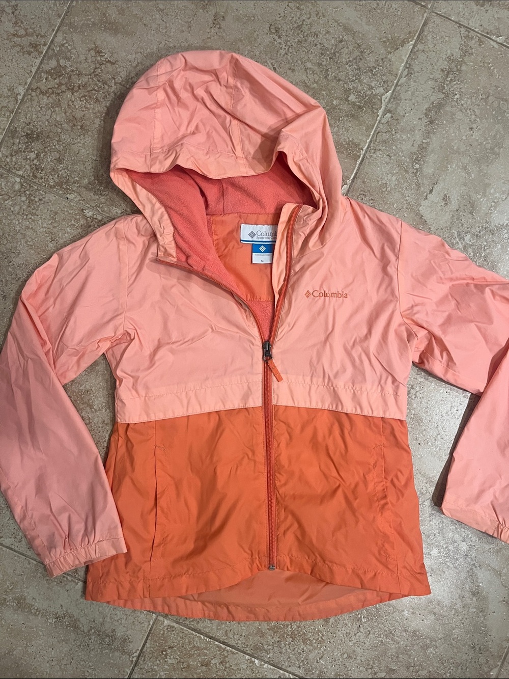 Columbia Girls' Fleece lined Two-Tone Coral Pink and Orange Hooded Rain Jacket